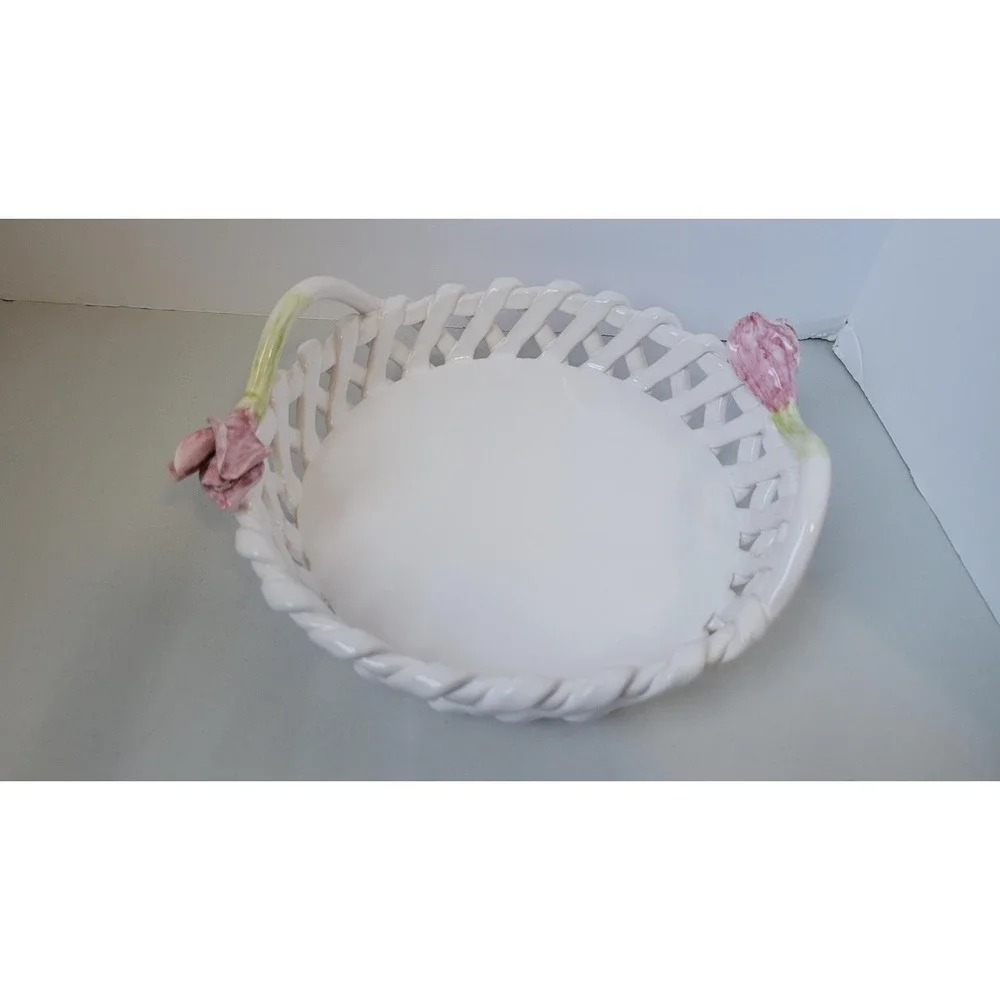 Vintage White Ceramic Lattice Rim Serving Tray With Tulip‎ Handles